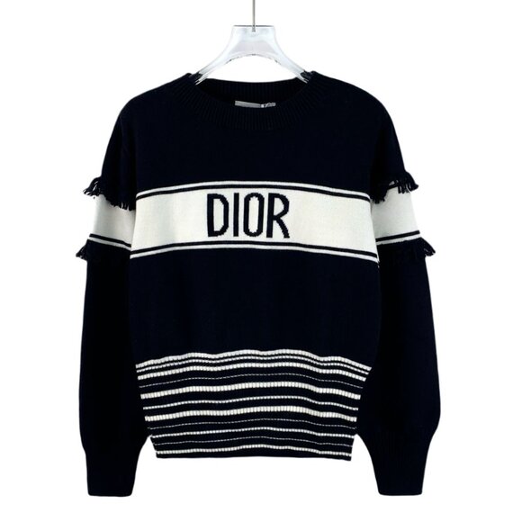 Christian Dior Womens Striped Wool Knit Sweater Black & White Round-Neck Long-Sl - Picture 1 of 8